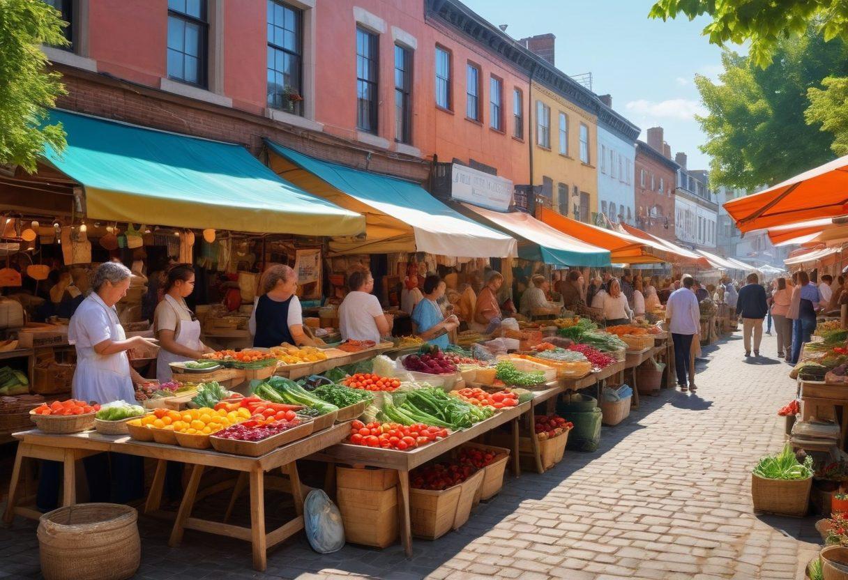 A vibrant street market scene showcasing diverse locals engaging in various activities like cooking, crafting, and socializing. Include stalls with colorful produce, handmade goods, and a community bulletin board displaying event flyers. Capture a warm, inviting atmosphere reflecting the essence of local life. super-realistic. vibrant colors. natural daylight.