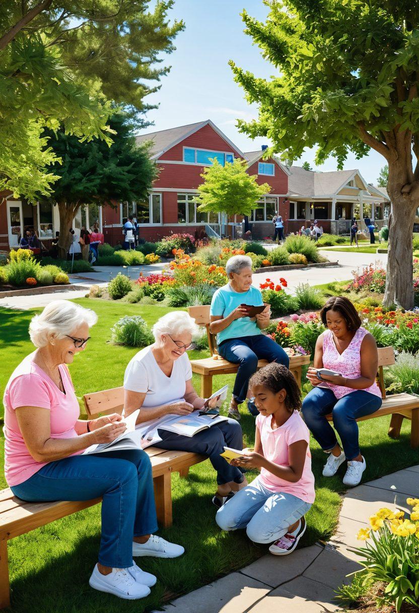 A vibrant neighborhood scene showcasing diverse community members interacting, including families, seniors, and children engaging in activities like gardening, playing in the park, and reading in a community library. Infuse the image with elements of connection, such as communication tools like smartphones and bulletin boards with community events. The background should feature a sunny day with blooming flowers and greenery, embodying warmth and inclusivity. vector art. bright colors.