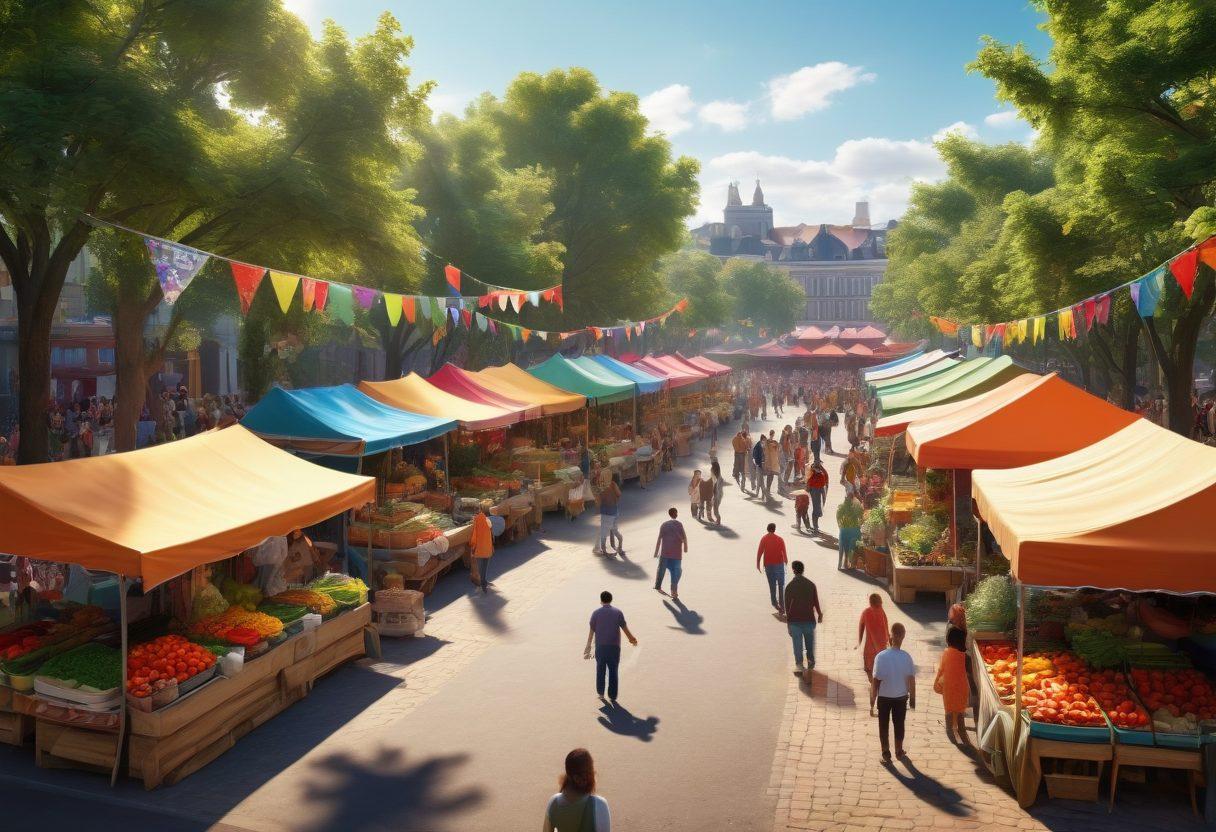 A lively community gathering with diverse locals engaging in activities, vibrant market stalls filled with fresh produce, and colorful banners representing various neighborhood events. In the background, a scenic park with people enjoying outdoor activities, and street performers entertaining the crowd. The atmosphere is warm and inviting, showcasing a sense of togetherness and local culture. super-realistic. vibrant colors. 3D.